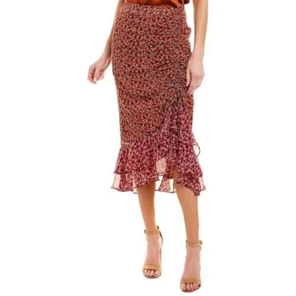 En Saison Floral Midi Skirt Purple Ruffle Hem Cinched Side Detail size Medium